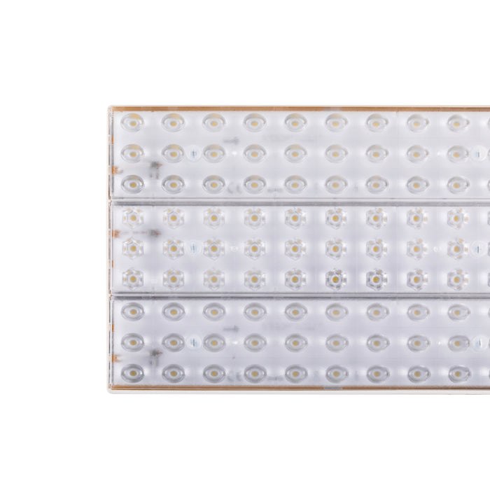 White LED light bar with clear lenses and wood-tone frame.