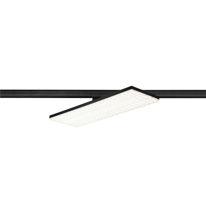 Black track lighting fixture with rectangular LED panel.