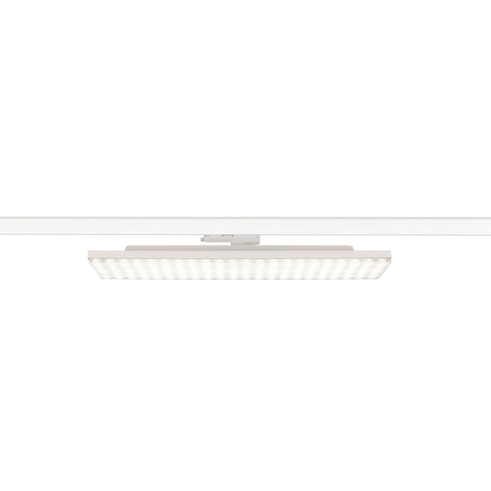 White LED track light fixture, rectangular shape, mounted on a white track.