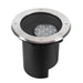 Black in-ground light fixture with a brushed stainless steel trim ring.