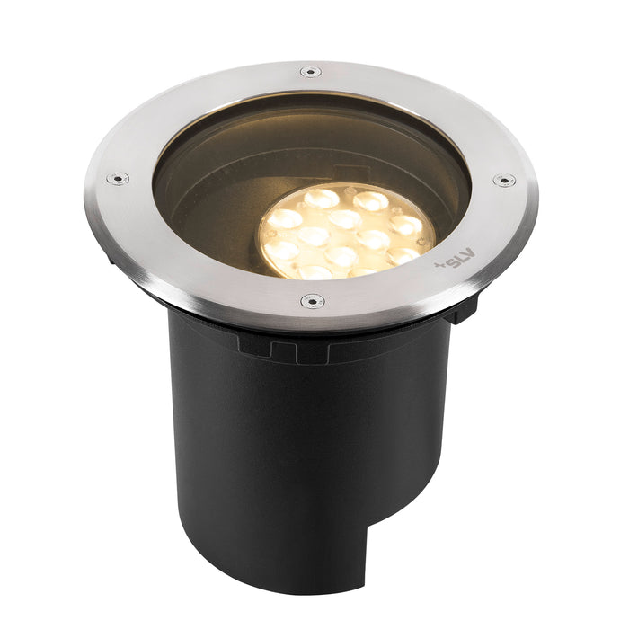 Stainless steel recessed ground light, black housing.