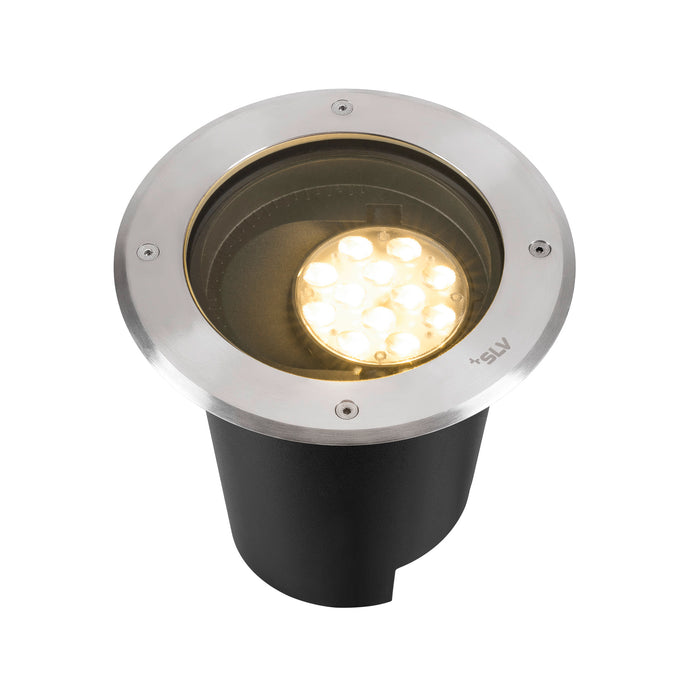 Stainless steel and black recessed ground light fixture.