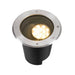 Stainless steel and black recessed ground light fixture.