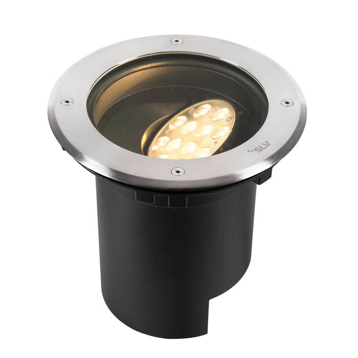 Stainless steel and black recessed ground light.