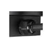 Close-up of a black metal wall mount with a textured finish and a black cable secured by a nut.