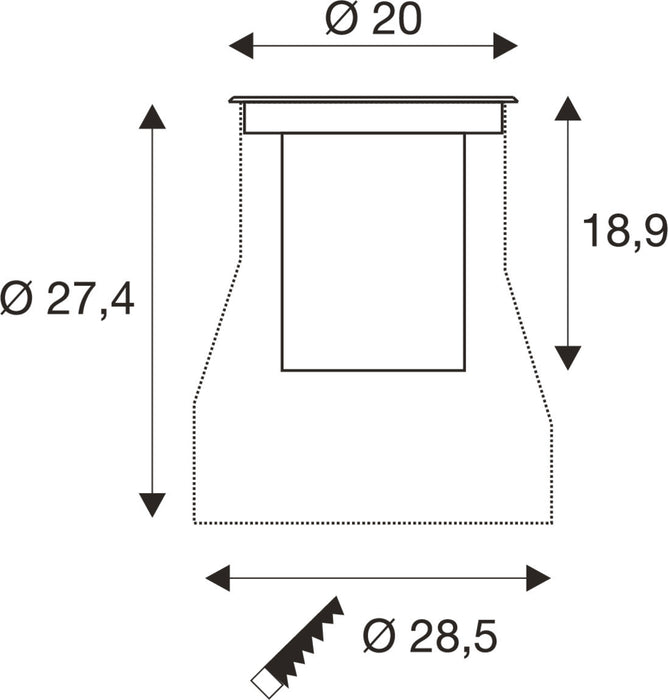 Technical drawing with dimensions of a recessed light fixture.