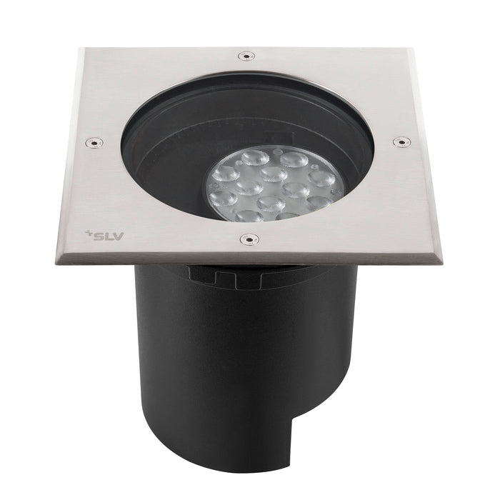 Stainless steel and black recessed LED ground light.