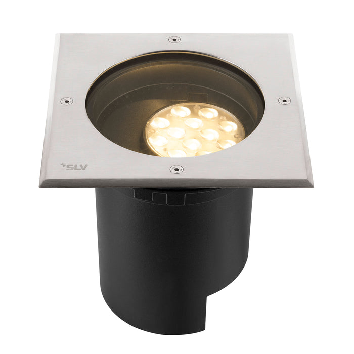 Stainless steel and black recessed LED ground light.