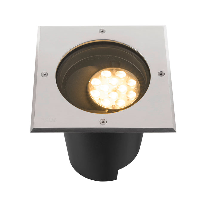 Stainless steel recessed ground light, brushed finish, black housing.