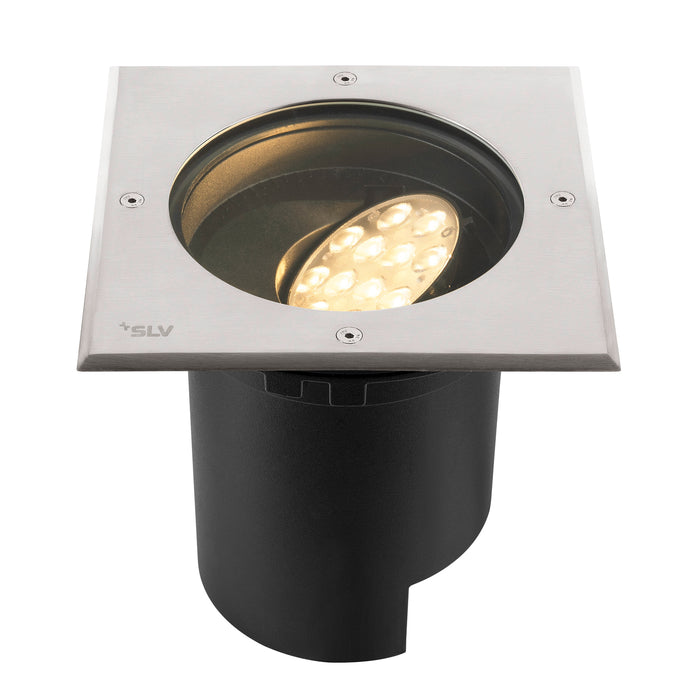 SLV recessed ground light, stainless steel finish, black housing, in-ground mounting.