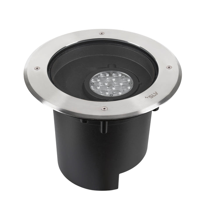 Recessed black outdoor light fixture with stainless steel trim.