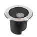 Recessed black outdoor light fixture with stainless steel trim.