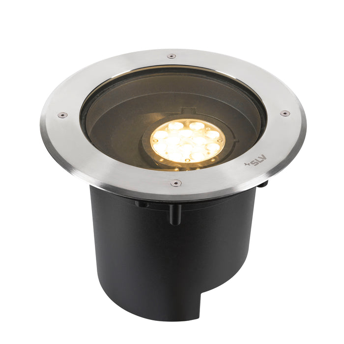 Stainless steel recessed ground light, black housing.