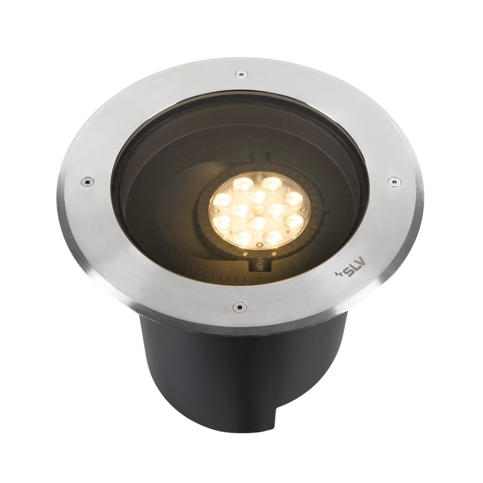Stainless steel and black recessed ground light fixture.