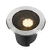 Stainless steel and black recessed ground light fixture.
