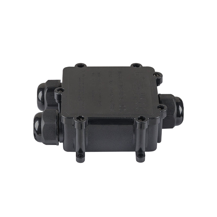 Black plastic junction box with cable glands and screw-down lid.