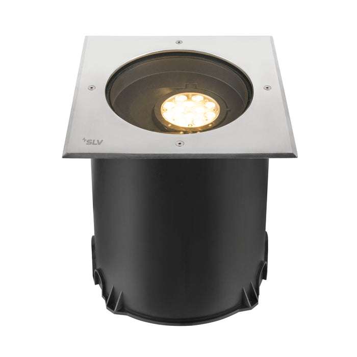 SLV ground recessed light, stainless steel top, black body, in-ground mounting.