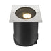 SLV ground recessed light, stainless steel top, black body, in-ground mounting.