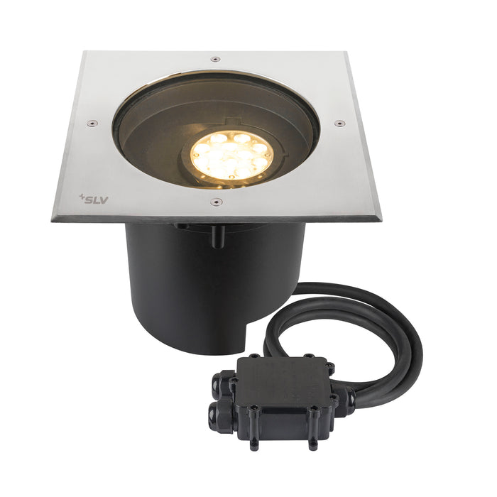 Stainless steel recessed ground light, square, silver finish, with black housing and junction box.