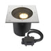 Stainless steel recessed ground light, square, silver finish, with black housing and junction box.