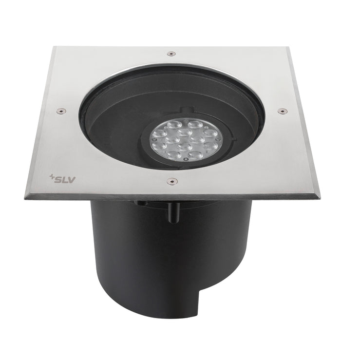 SLV ground recessed light, stainless steel trim, black body, in-ground mounting.