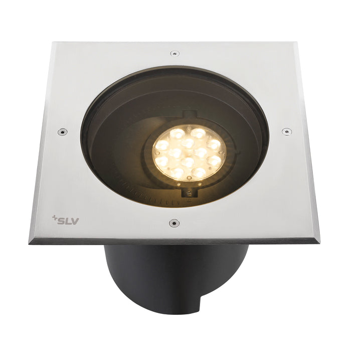 Stainless steel recessed ground light, square, silver finish, with black housing.