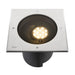 Stainless steel recessed ground light, square, silver finish, with black housing.