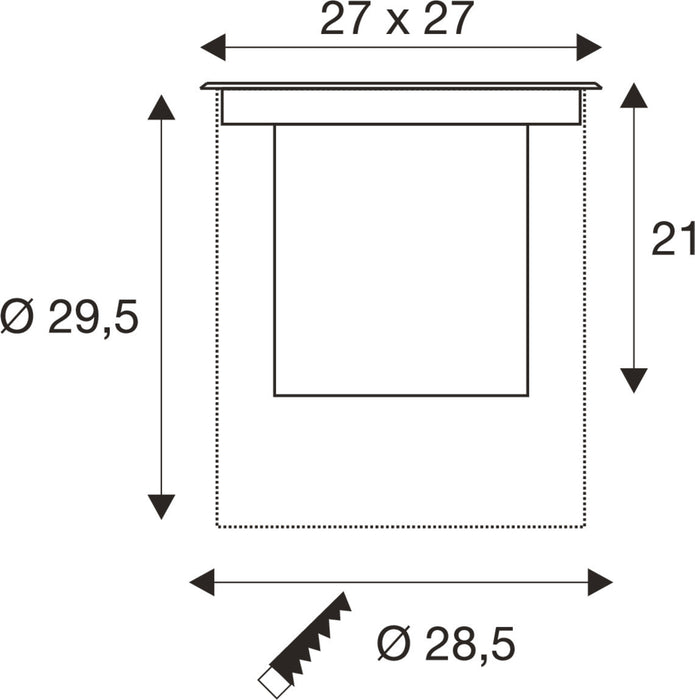 Technical drawing with dimensions for a square recessed light fixture.