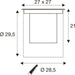 Technical drawing with dimensions for a square recessed light fixture.