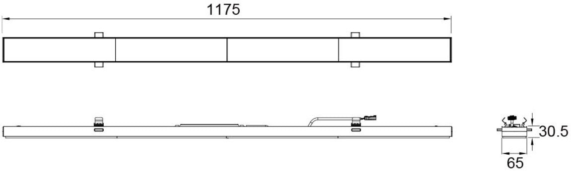 Technical drawing of a white, surface-mounted linear LED light fixture with dimensions.
