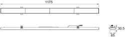 Technical drawing of a white, surface-mounted linear LED light fixture with dimensions.