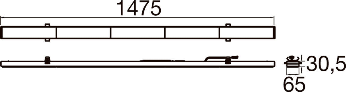 Technical drawing of a 1475mm long black metal bar with mounting details.