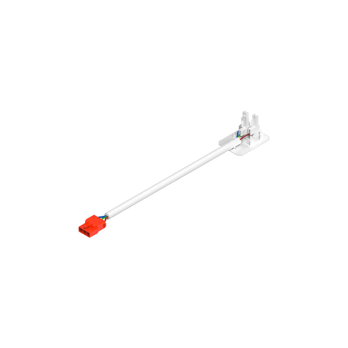 White plastic electrical connector with red plug and attached wires.