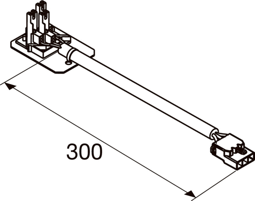 Technical drawing of a 300mm electrical cable with connector and mounting bracket.