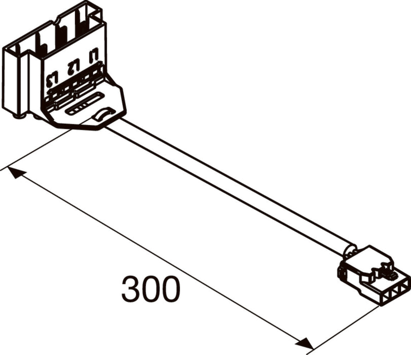 White plastic electrical connector with cable, 300mm length.