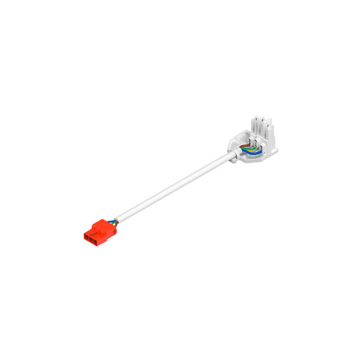 White plastic surface-mounted electrical box with red connector and wiring.