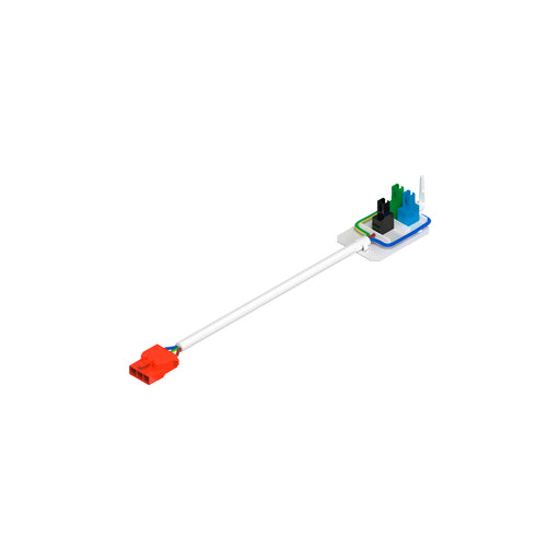 Wiring harness with red connector, white cable, and blue, green, and black terminals.