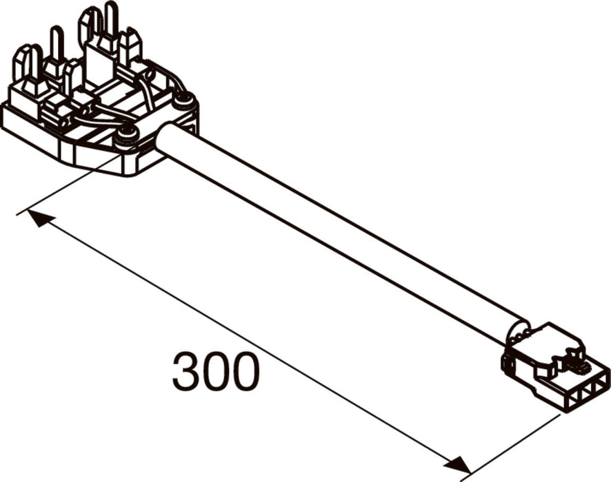 Technical drawing of a 300mm cable with plastic connectors on each end.