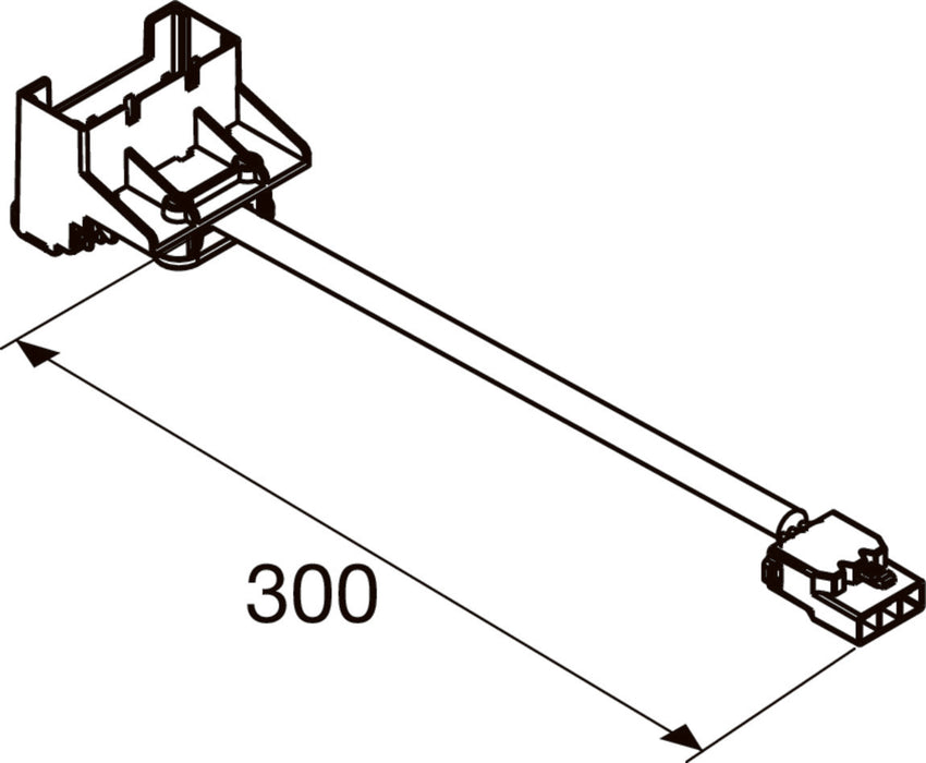 Technical drawing of a white plastic connector with a 300mm cable.