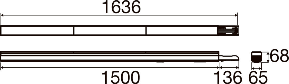 Technical drawing with dimensions of a linear light fixture.