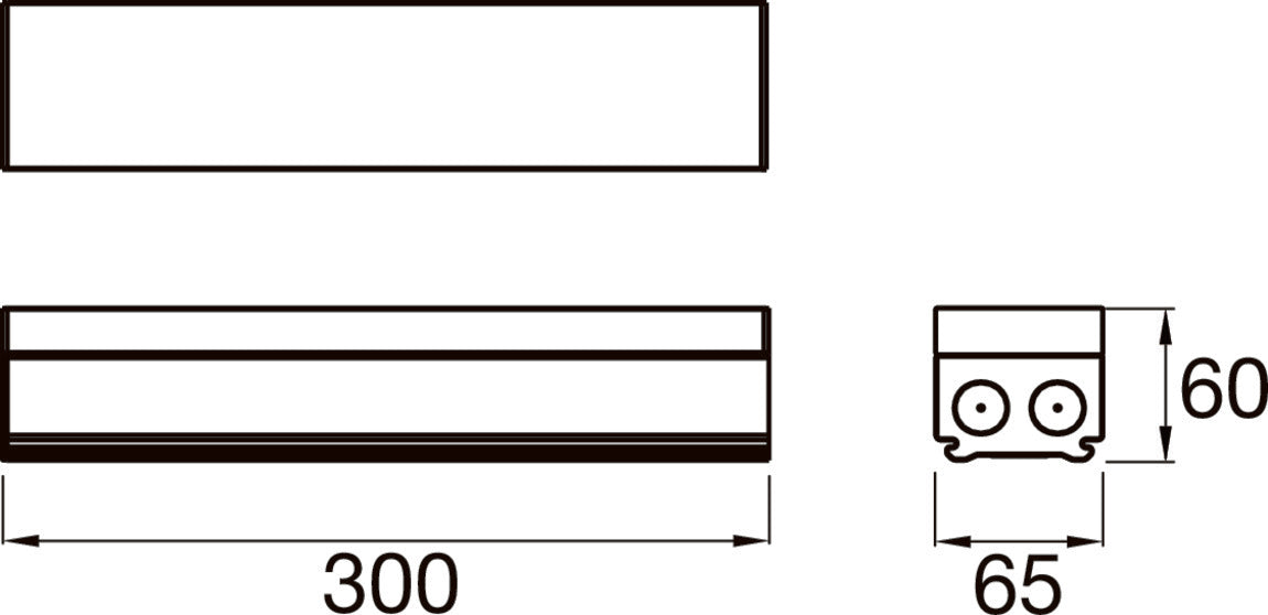 Technical drawing of a white rectangular surface-mounted light fixture with dimensions.
