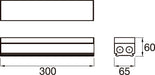 Technical drawing of a white rectangular surface-mounted light fixture with dimensions.