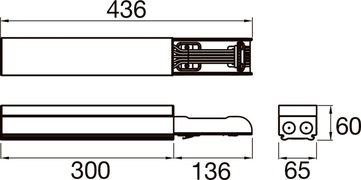 Technical drawing with dimensions of a rectangular bar with electrical connections.