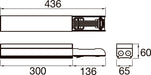 Technical drawing with dimensions of a rectangular bar with electrical connections.
