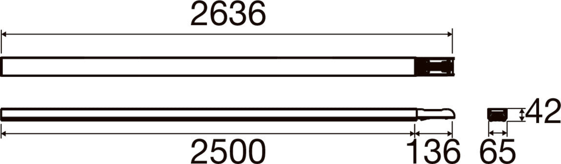 Technical drawing with dimensions of a white rod.