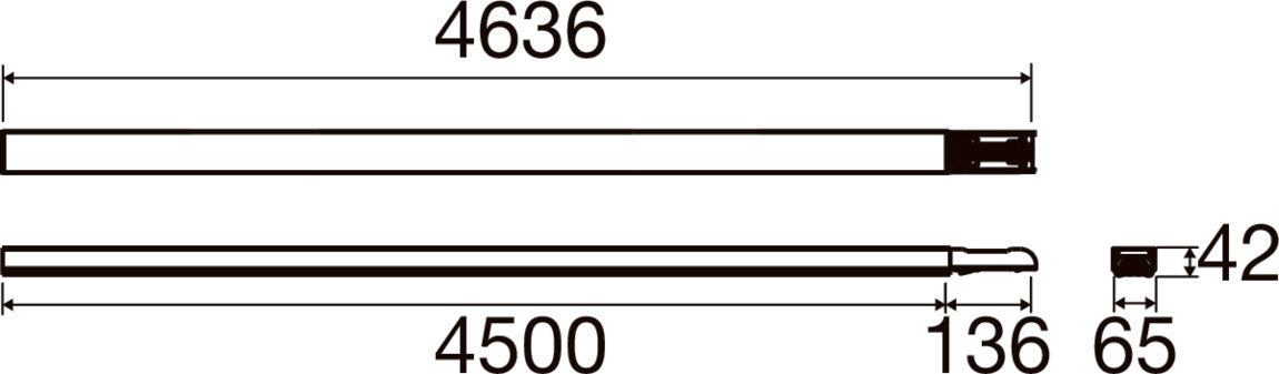 Technical drawing with dimensions of a black rod.