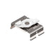 Metal mounting bracket with polished finish and white plastic clip.