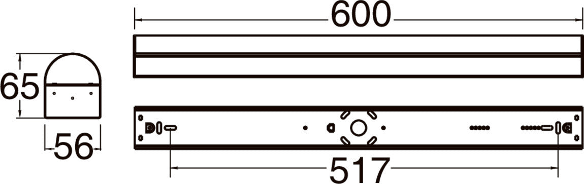 Technical drawing with dimensions for a surface-mounted linear light fixture.