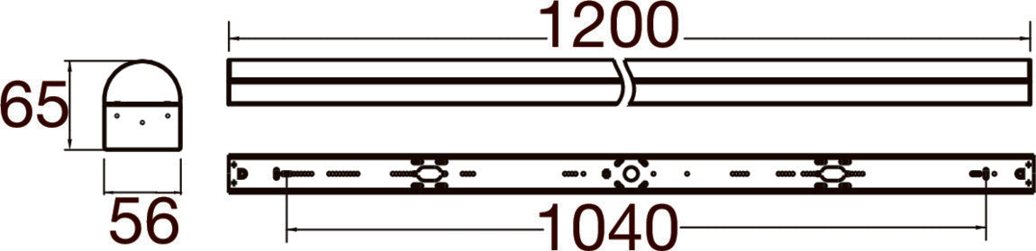 Technical drawing of a black wall-mounted handrail with dimensions.