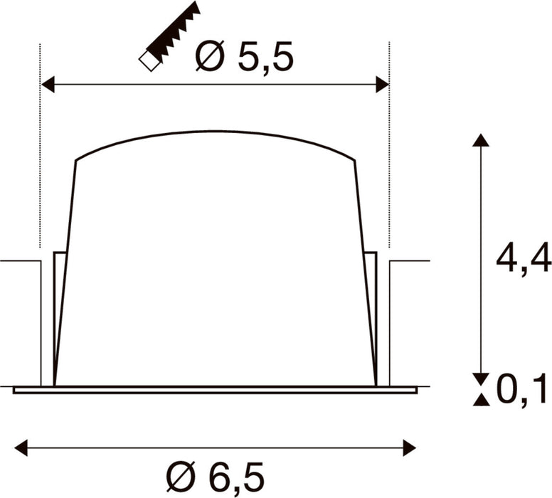 Technical drawing with dimensions for a recessed light fixture.